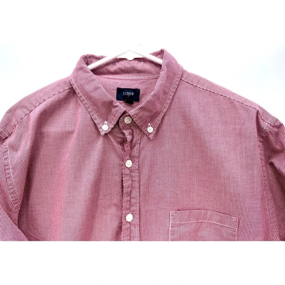 J Crew Red Gingham Button Up Shirt Sz L Preppy Classic Americana Summer Cotton